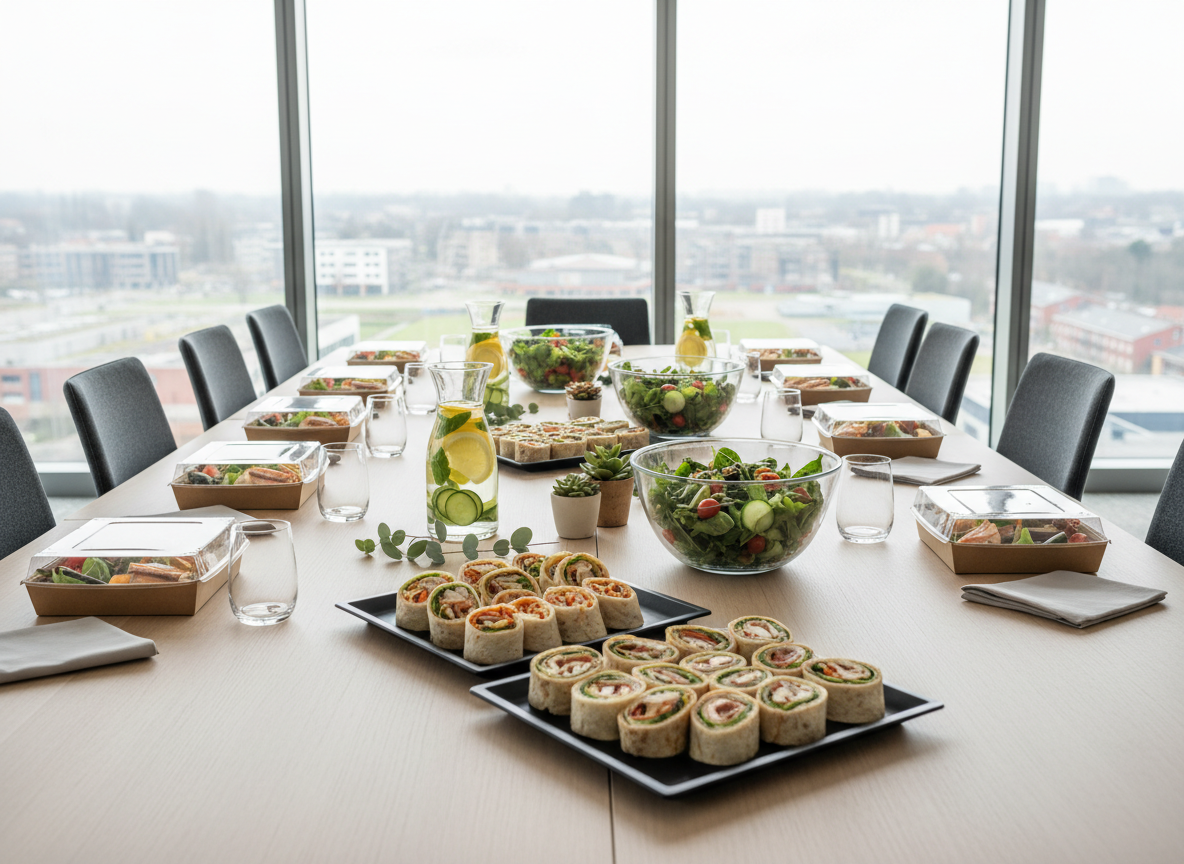 A modern corporate catering lunch setup in a bright office meeting space, with a long central table filled with neatly aligned lunch boxes, fresh salads in clear bowls, assorted wraps, and carafes of infused water. Simple, neutral tableware and subtle decorative greenery keep the look professional and uncluttered. Large windows reveal a generic cityscape hinting at the Apeldoorn region, with diffused natural daylight illuminating the food. Shot from a slightly elevated angle to show the full variety while keeping the room’s lines straight and clean. The atmosphere is efficient, organized, and business-focused, perfect for bedrijfscatering imagery on a comparison platform. Photographic realism, clean and modern style.
