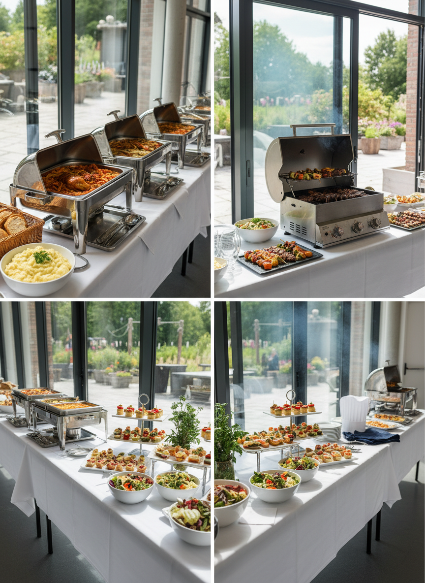 A bright, inviting comparison scene featuring three distinct catering setups arranged side by side on separate tables: a classic hot buffet, an elegant cold finger-food display, and a stylish barbecue grill station just visible near an open terrace. Each setup has different serving styles, colors, and table decorations, suggesting choice without showing any branding or text. Soft daylight pours in from large windows, casting natural highlights on glass bowls and stainless-steel trays. Captured from a slightly elevated angle with balanced composition and clear separation between sections. The atmosphere is informative and professional, conveying that visitors can compare catering options in the Apeldoorn region. Photographic realism, clean and contemporary style.