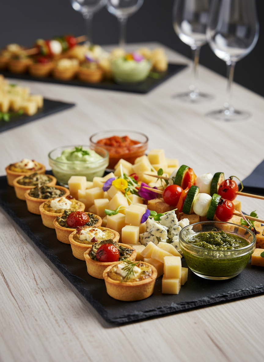 A detailed close-up of an elegant finger-food and hapjes platter on a dark slate serving board, featuring neatly arranged bite-sized savory tarts, skewered vegetables, artisan cheeses, and colorful dips in small glass bowls. The platter rests on a wooden catering table with minimal decoration, hinting at a larger spread out of focus behind. Soft studio-style lighting from the side creates gentle shadows and appetizing highlights on glossy ingredients. Captured with shallow depth of field so the foreground snacks are sharply in focus while the background softly blurs. The mood is refined yet accessible, perfect for business events and private parties in Apeldoorn. Photographic realism with a clean, gastronomic aesthetic.