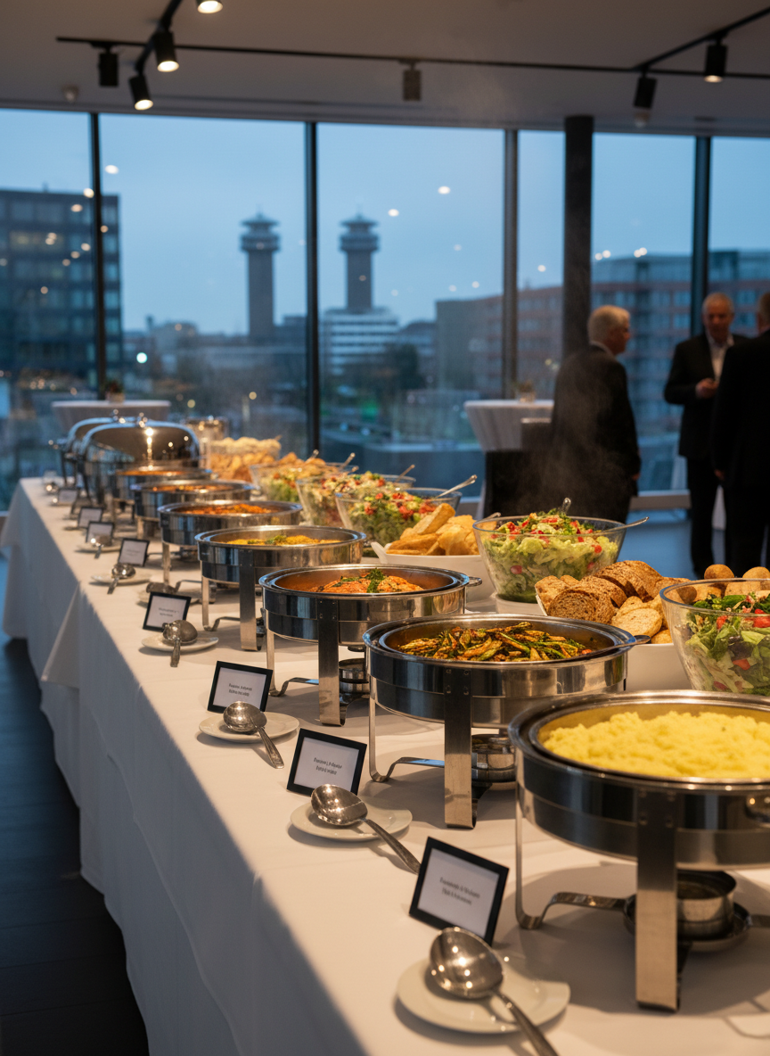 A long, elegantly arranged catering buffet table in a modern event space, covered with a crisp white linen cloth and neatly labeled stainless-steel chafing dishes filled with colorful hot dishes, fresh salads, and artisan bread. In the background, subtle hints of the Apeldoorn skyline are visible through large windows. Warm overhead lighting and discreet spotlights create gentle reflections on polished serving utensils and platters. Shot at eye level with sharp focus in the foreground and a softly blurred background, the mood is professional, organized, and inviting, emphasizing variety and quality. Photographic realism with a clean, modern business aesthetic suitable for a catering comparison website.
