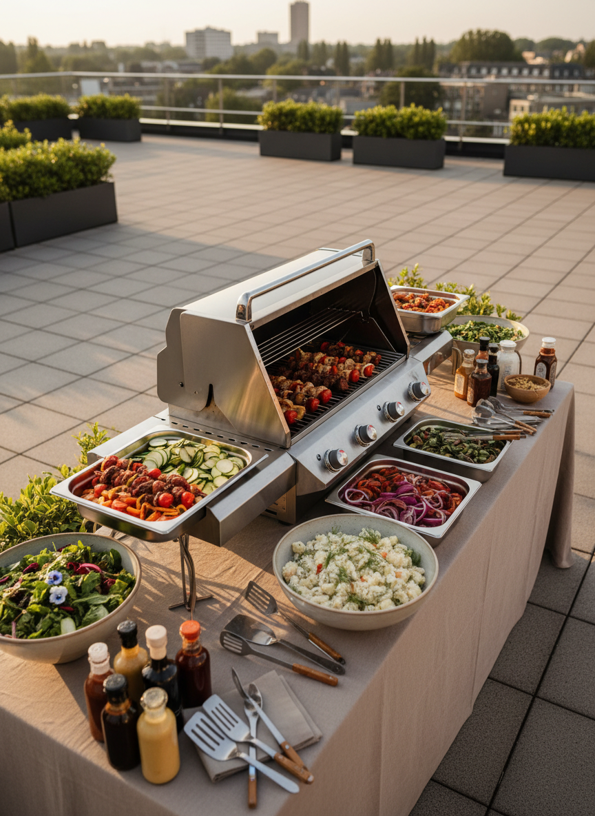 A stylish outdoor barbecue catering setup on a spacious terrace edged with subtle greenery, showcasing a professional stainless-steel grill surrounded by organized trays of marinated vegetables, skewers, and fresh salads in large bowls. A long side table with neutral linen holds sauces and serving tools, suggesting a self-service concept. Late afternoon golden-hour sunlight creates warm reflections on the metal surfaces and rich color in the food, with soft shadows stretching across the terrace tiles. Shot from a three-quarter elevated angle, with clear view of the grill and buffet table. The atmosphere is relaxed yet professional, ideal for summer company events and private feesten in the Apeldoorn area. Photographic realism, vibrant and inviting.
