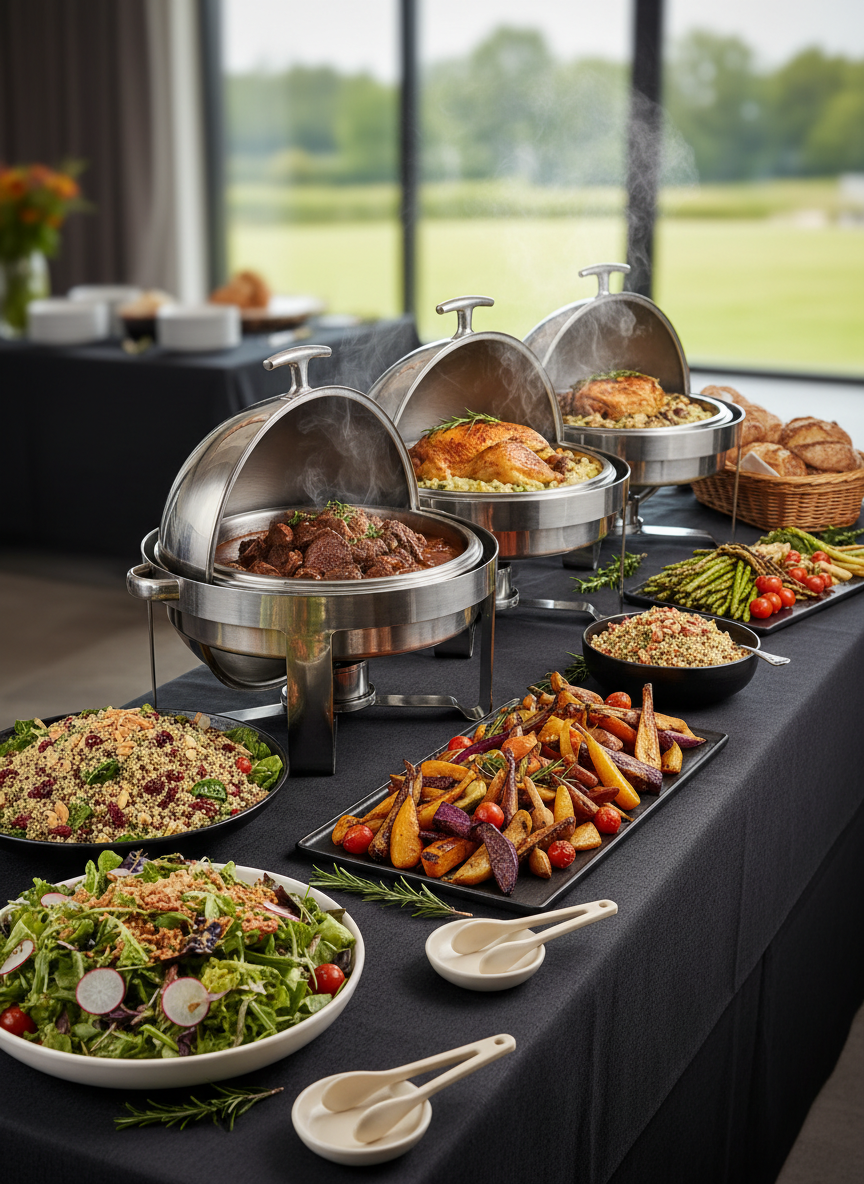 A focused, professional hero image of a single highlighted caterer’s buffet table representing Mijkcuisine, without logos or text, featuring a thoughtfully curated mix of warm dishes in brushed steel chafing pans, colorful seasonal vegetables, grains, and beautifully garnished salads. The table is dressed in a contemporary dark linen with small, subtle decorative elements like simple greenery and neutral serving ware. Soft, controlled studio lighting from above and slightly behind adds depth and gentle highlights on the food. Captured at a three-quarter eye-level angle, with the buffet stretching diagonally across the frame to create dynamism. The mood is premium, trustworthy, and refined, aligning with a featured caterer on a professional comparison website for the Apeldoorn region.