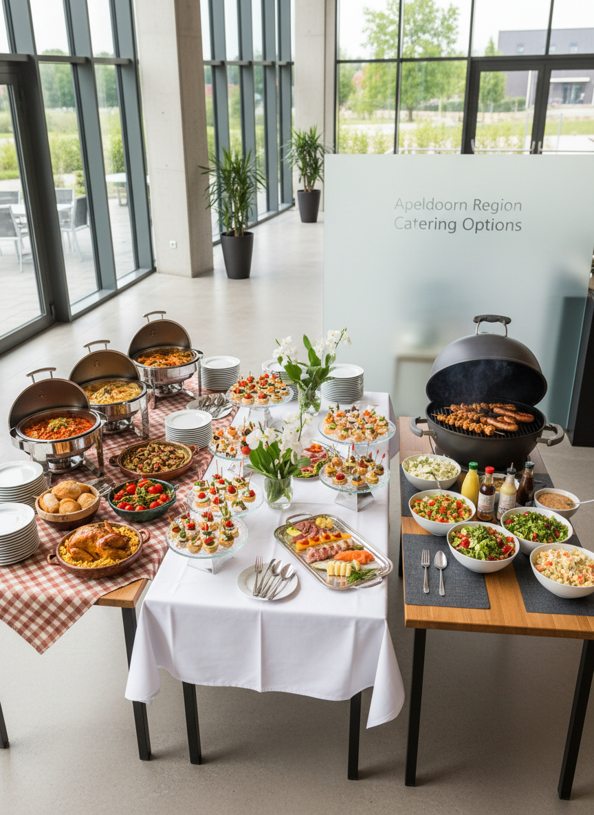 A bright, inviting comparison scene featuring three distinct catering setups arranged side by side on separate tables: a classic hot buffet, an elegant cold finger-food display, and a stylish barbecue grill station just visible near an open terrace. Each setup has different serving styles, colors, and table decorations, suggesting choice without showing any branding or text. Soft daylight pours in from large windows, casting natural highlights on glass bowls and stainless-steel trays. Captured from a slightly elevated angle with balanced composition and clear separation between sections. The atmosphere is informative and professional, conveying that visitors can compare catering options in the Apeldoorn region. Photographic realism, clean and contemporary style.