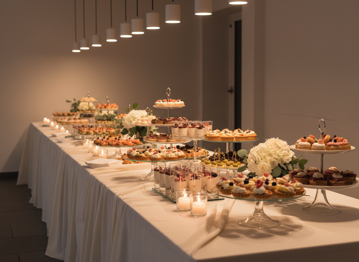 A sophisticated wedding catering scene in a minimalist reception space, featuring a long dessert and hapjes table dressed in soft ivory linen, with tiered glass stands carrying delicate pastries, mini desserts in small cups, and elegant savory bites. Subtle floral decorations without visible branding add a festive touch. Overhead pendant lighting and small candles along the table edge create warm, romantic highlights and gentle reflections on glass surfaces. Photographed at eye level with the table extending into the depth of the frame, leading the eye through the variety of offerings. The mood is celebratory, refined, and timeless, suited for bruiloften and upscale events around Apeldoorn. Photographic realism with a clean, professional finish.